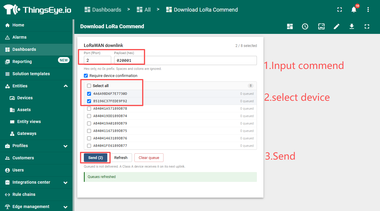 Send a LoRaWAN downlink command